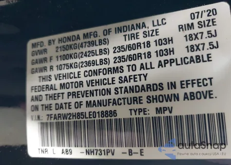 2020 Honda Cr-V Awd Ex-L z USA, uszkodzony, nr VIN 7FARW2H85LE018886